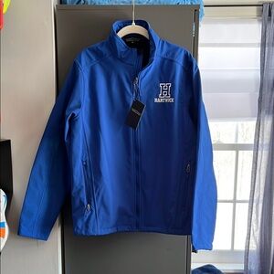 Blue Varsity Jacket with Standing Collar and Logo